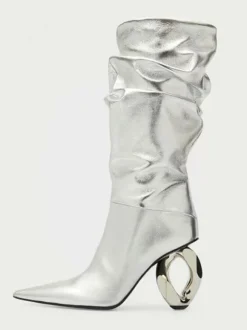 Bottes mi-mollet pour femmes  bottes souples argentées à bout pointu et à talon de forme spéciale