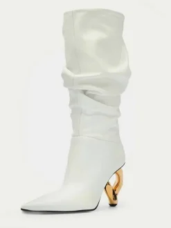 Bottes mi-mollet pour femmes bottes souples argentées à bout pointu et à talon de forme spéciale