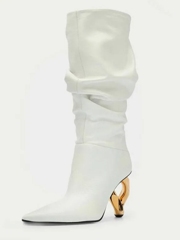Bottes mi-mollet pour femmes bottes souples argentées à bout pointu et à talon de forme spéciale