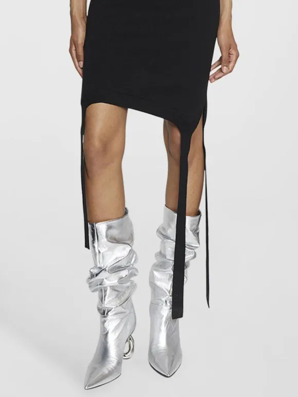 Bottes mi-mollet pour femmes bottes souples argentées à bout pointu et à talon de forme spéciale