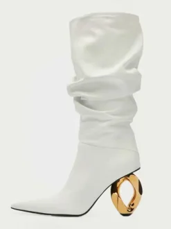 Bottes mi-mollet pour femmes bottes souples argentées à bout pointu et à talon de forme spéciale