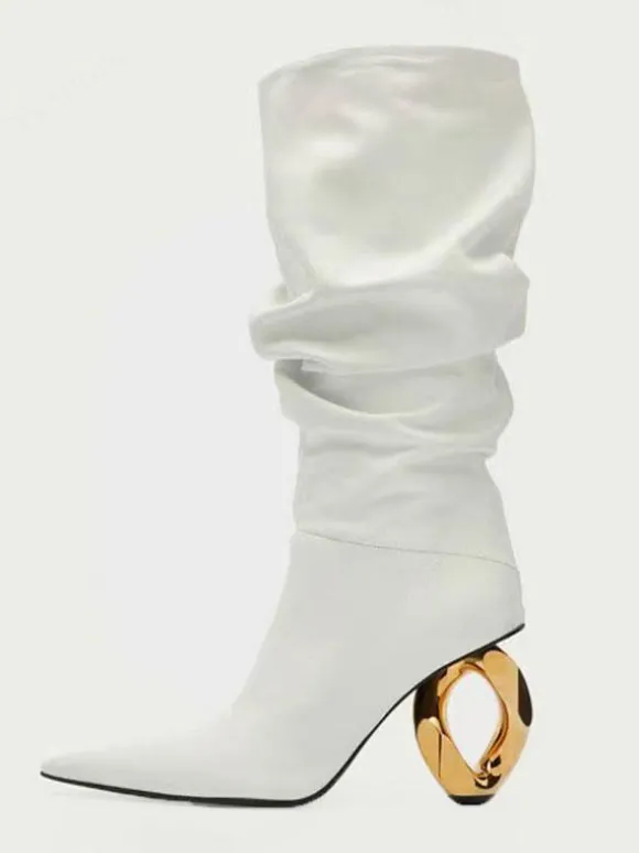 Bottes mi-mollet pour femmes bottes souples argentées à bout pointu et à talon de forme spéciale