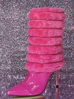 Bottes mi-mollet à talon aiguille et bout pointu en PU verni pour femmes