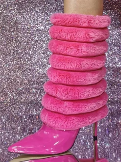 Bottes mi-mollet à talon aiguille et bout pointu en PU verni pour femmes