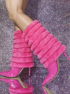 Bottes mi-mollet à talon aiguille et bout pointu en PU verni pour femmes