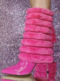 Bottes mi-mollet à talon aiguille et bout pointu en PU verni pour femmes