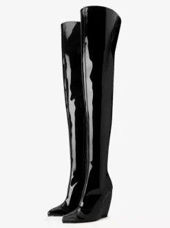 Bottes noires au-dessus du genou bottes à bout pointu et talon compensé cuissardes hautes