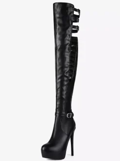 Bottes noires au-dessus du genou bottes à talons hauts avec boucle et plateforme