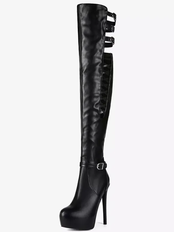 Bottes noires au-dessus du genou bottes à talons hauts avec boucle et plateforme
