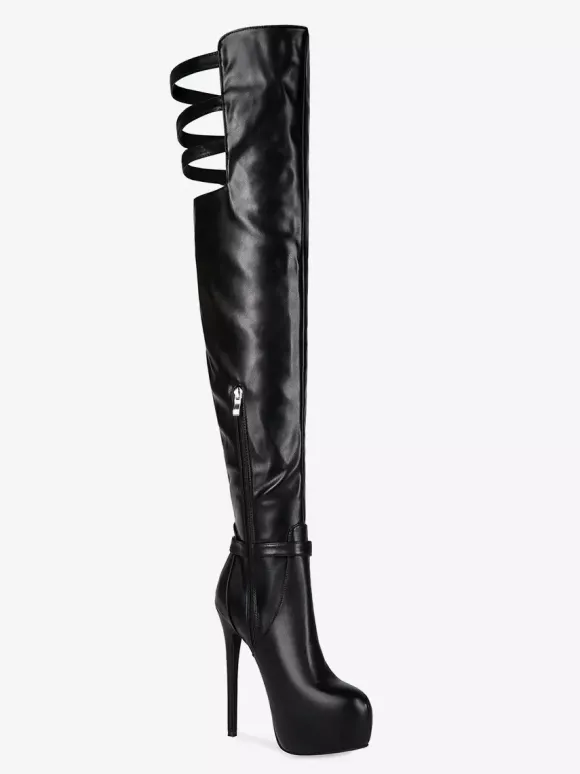 Bottes noires au-dessus du genou bottes à talons hauts avec boucle et plateforme