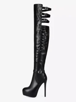 Bottes noires au-dessus du genou bottes à talons hauts avec boucle et plateforme
