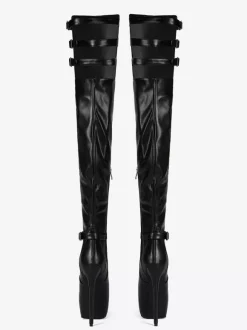Bottes noires au-dessus du genou bottes à talons hauts avec boucle et plateforme