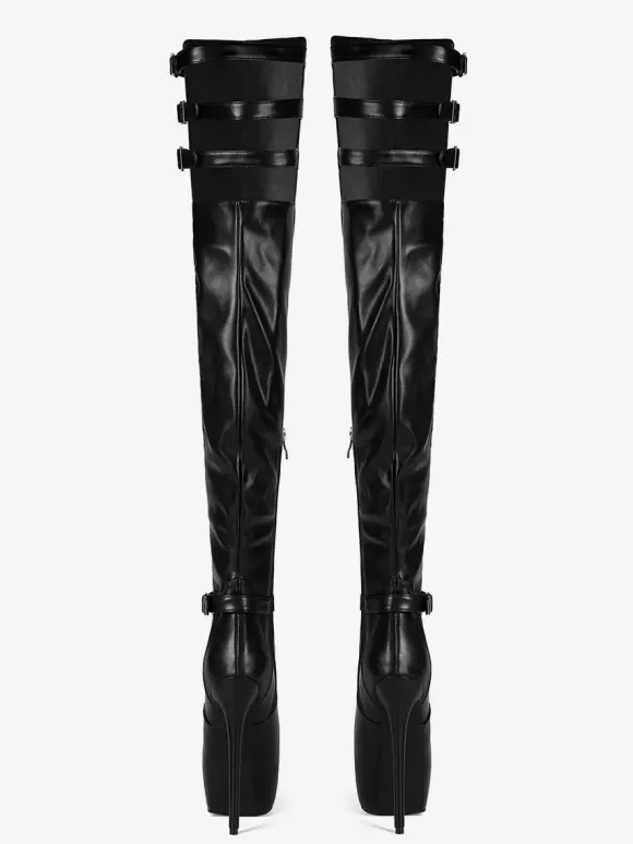 Bottes noires au-dessus du genou bottes à talons hauts avec boucle et plateforme
