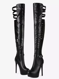 Bottes noires au-dessus du genou bottes à talons hauts avec boucle et plateforme