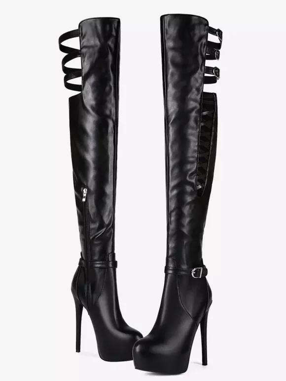 Bottes noires au-dessus du genou bottes à talons hauts avec boucle et plateforme