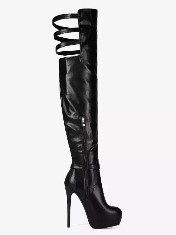 Bottes noires au-dessus du genou bottes à talons hauts avec boucle et plateforme