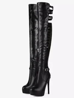 Bottes noires au-dessus du genou bottes à talons hauts avec boucle et plateforme
