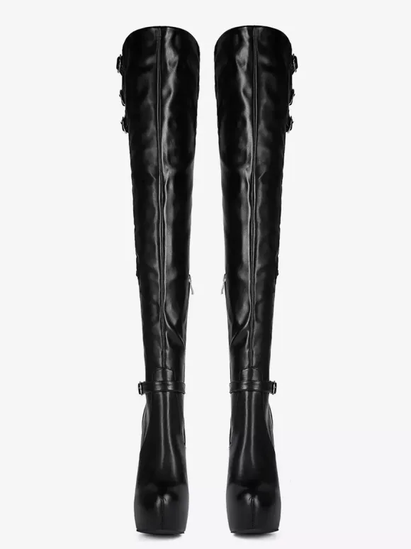 Bottes noires au-dessus du genou bottes à talons hauts avec boucle et plateforme