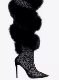 Bottes noires au-dessus du genou avec détails en fausse fourrure et talons hauts Bottes sexy au-dessus du genou