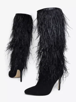 Bottes noires hautes au genou pour femmes bottes à talons aiguilles et détails en plumes longueur genou