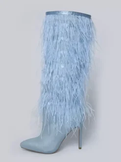 Bottes noires hautes au genou pour femmes bottes à talons aiguilles et détails en plumes longueur genou
