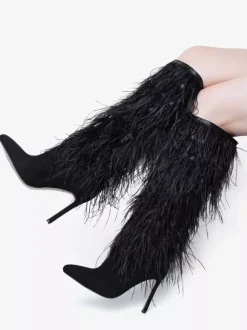 Bottes noires hautes au genou pour femmes bottes à talons aiguilles et détails en plumes longueur genou