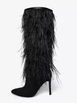 Bottes noires hautes au genou pour femmes bottes à talons aiguilles et détails en plumes longueur genou