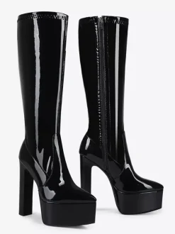 Bottes noires hautes au genou pour femmes bottes à plateforme et à talons épais pour drag queen