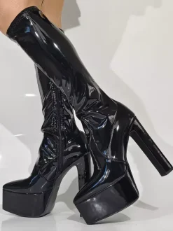 Bottes noires hautes au genou pour femmes bottes à plateforme et à talons épais pour drag queen