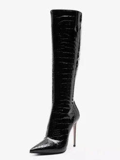 Bottes noires hautes au genou motif pierre bout pointu bottes à talons hauts