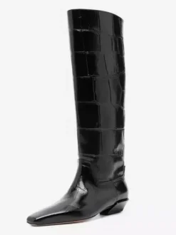 Bottes noires hautes à motif pierre bout carré et talon épais