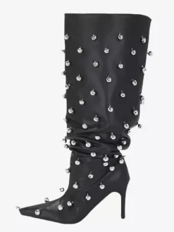 Bottes noires montantes à bout pointu et talons hauts perlés pour femmes