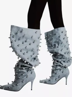 Bottes noires montantes à bout pointu et talons hauts perlés pour femmes