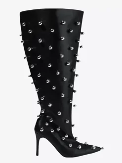 Bottes noires montantes à bout pointu et talons hauts perlés pour femmes