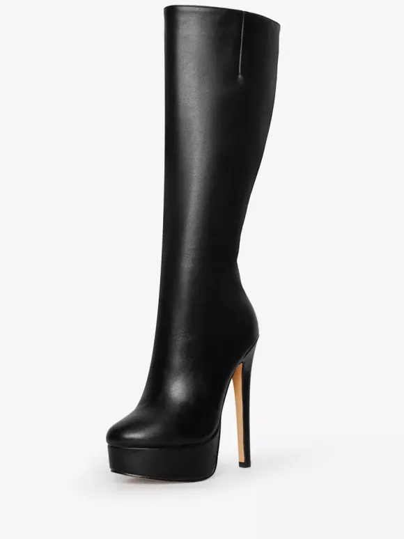 Bottes noires à plateforme et talons hauts à bout rond