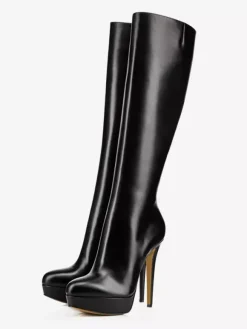 Bottes noires à plateforme et talons hauts à bout rond