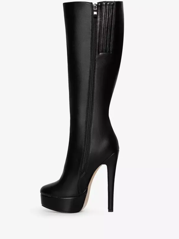 Bottes noires à plateforme et talons hauts à bout rond