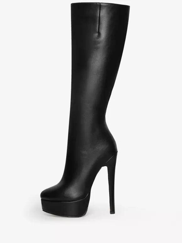 Bottes noires à plateforme et talons hauts à bout rond