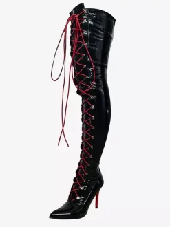 Bottes noires sexy cuissardes à bout pointu à lacets au-dessus du genou