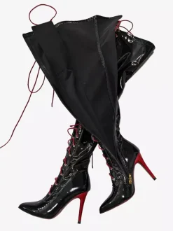 Bottes noires sexy cuissardes à bout pointu à lacets au-dessus du genou