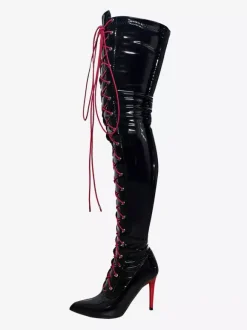 Bottes noires sexy cuissardes à bout pointu à lacets au-dessus du genou