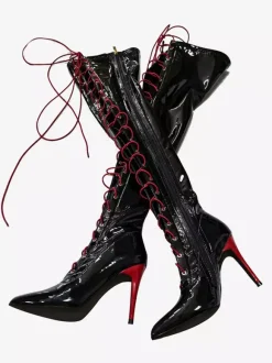 Bottes noires sexy cuissardes à bout pointu à lacets au-dessus du genou