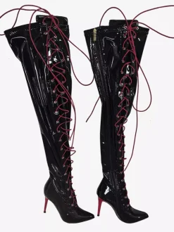 Bottes noires sexy cuissardes à bout pointu à lacets au-dessus du genou