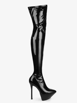 Bottes noires sexy à plateforme bout pointu et talons hauts montantes