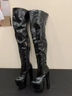 Bottes noires sexy pour femmes plateforme bout rond talon haut cuissardes