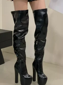 Bottes noires sexy pour femmes plateforme bout rond talon haut cuissardes