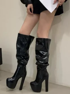 Bottes noires sexy pour femmes plateforme bout rond talon haut cuissardes