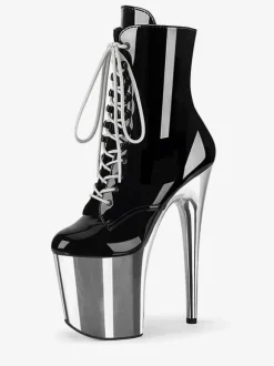 Bottes noires sexy à talons hauts plateforme à bout rond à lacets Sky High Plus Size Pole Dance Shoes