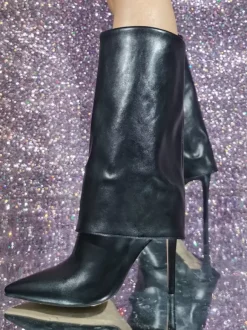 Bottes noires à talons hauts bout pointu chaussures bottine mi-mollet de grande taille