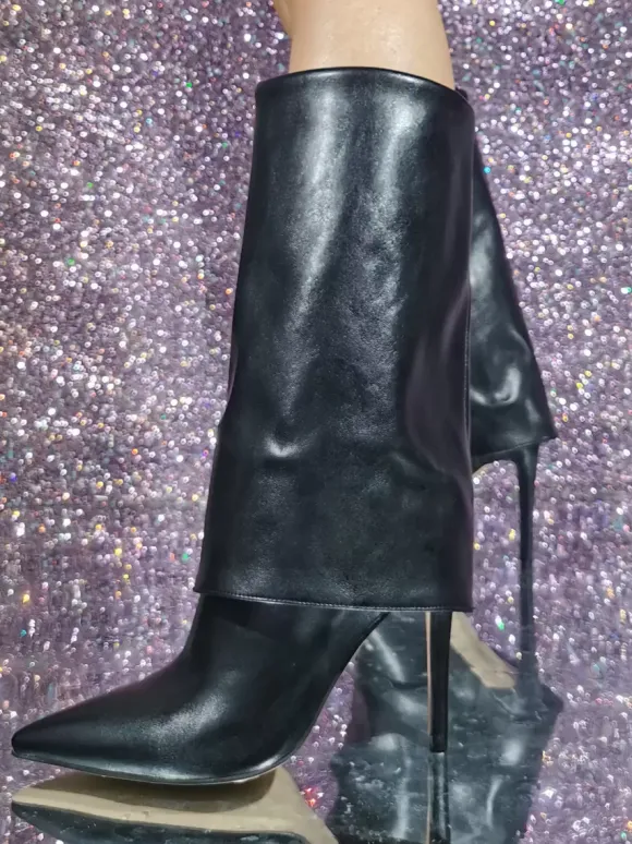 Bottes noires à talons hauts bout pointu chaussures bottine mi-mollet de grande taille